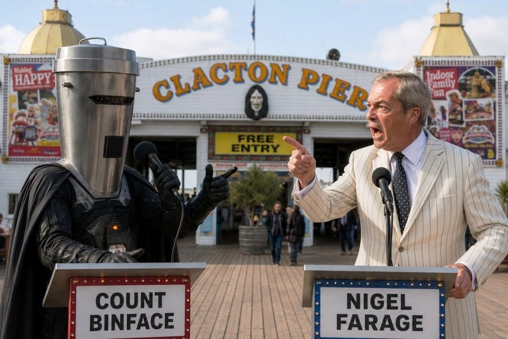 Count Binface and Nigel Farage on Clacton Pier